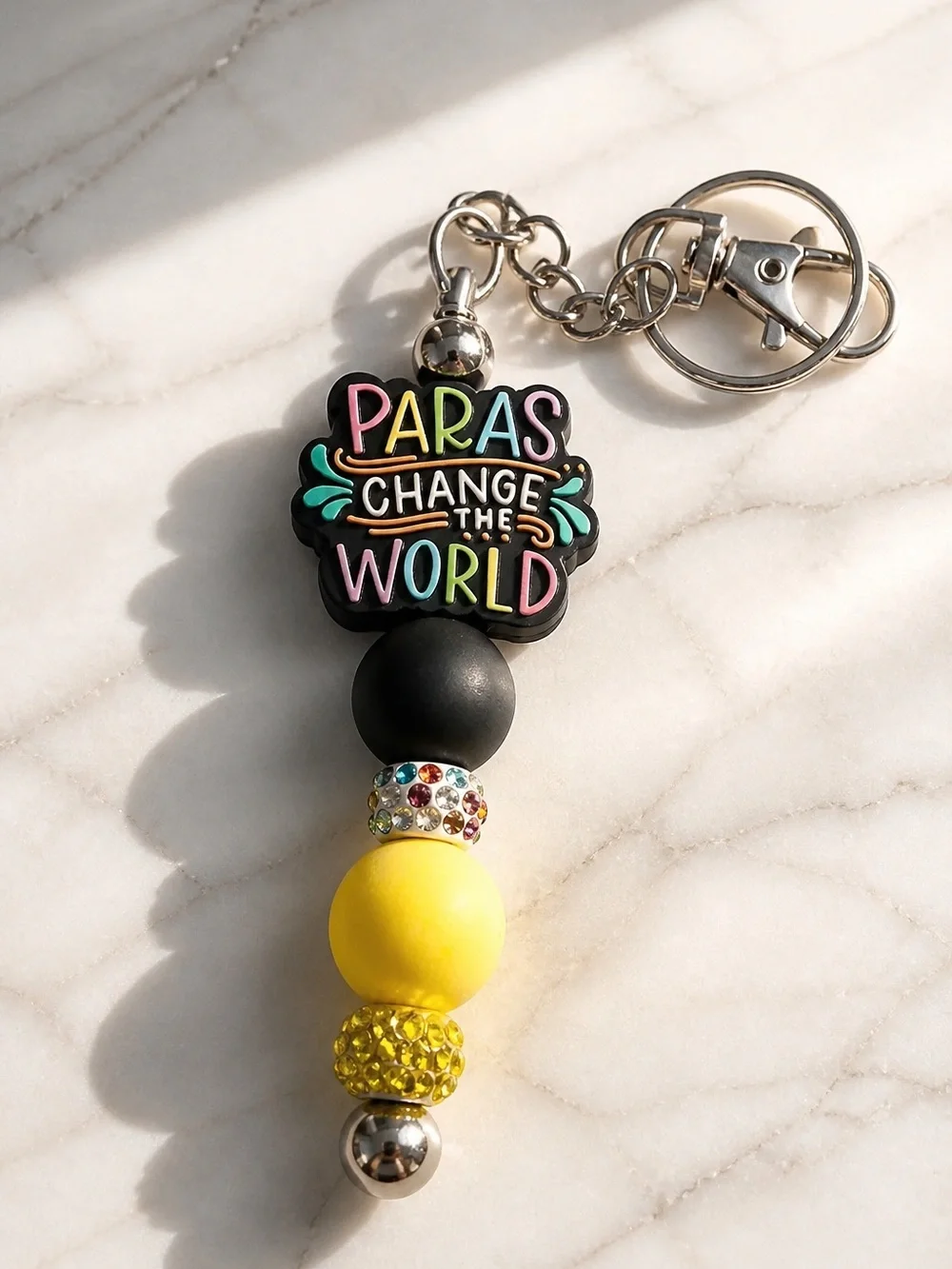 Change The World Yellow & Black Beaded Keychain with Rhinestone Accent